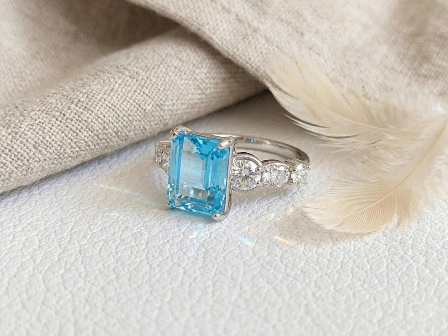 Blue Topaz & Moissanite Engagement Ring – Emerald Cut Blue Gemstone Ring for Women
