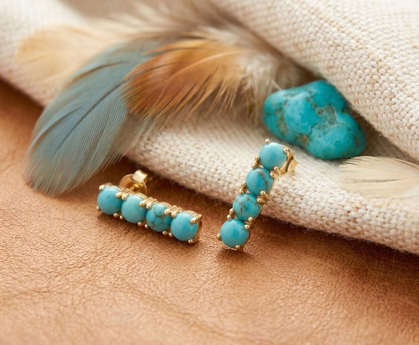 Natural Turquoise Linear Drop Earrings – Gold Bar Stud Jewelry for Women