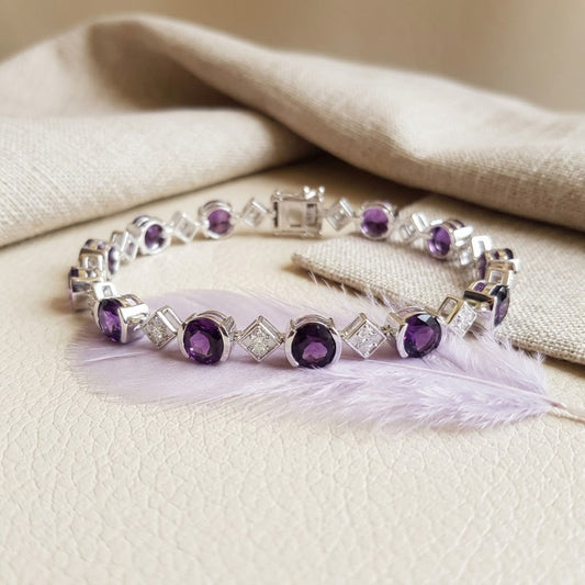 Natural Amethyst & Moissanite Tennis Bracelet – Purple Gemstone Bracelet for Women