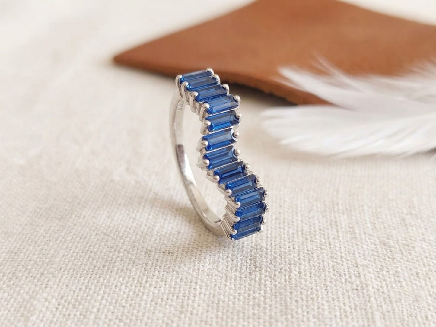 Blue Sapphire Baguette Half Eternity Ring – Curved Chevron Gemstone Band for Women
