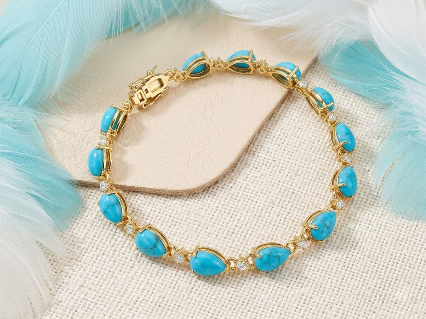 Natural Turquoise & Moissanite Tennis Bracelet – Bohemian Gemstone Link Bracelet for Women