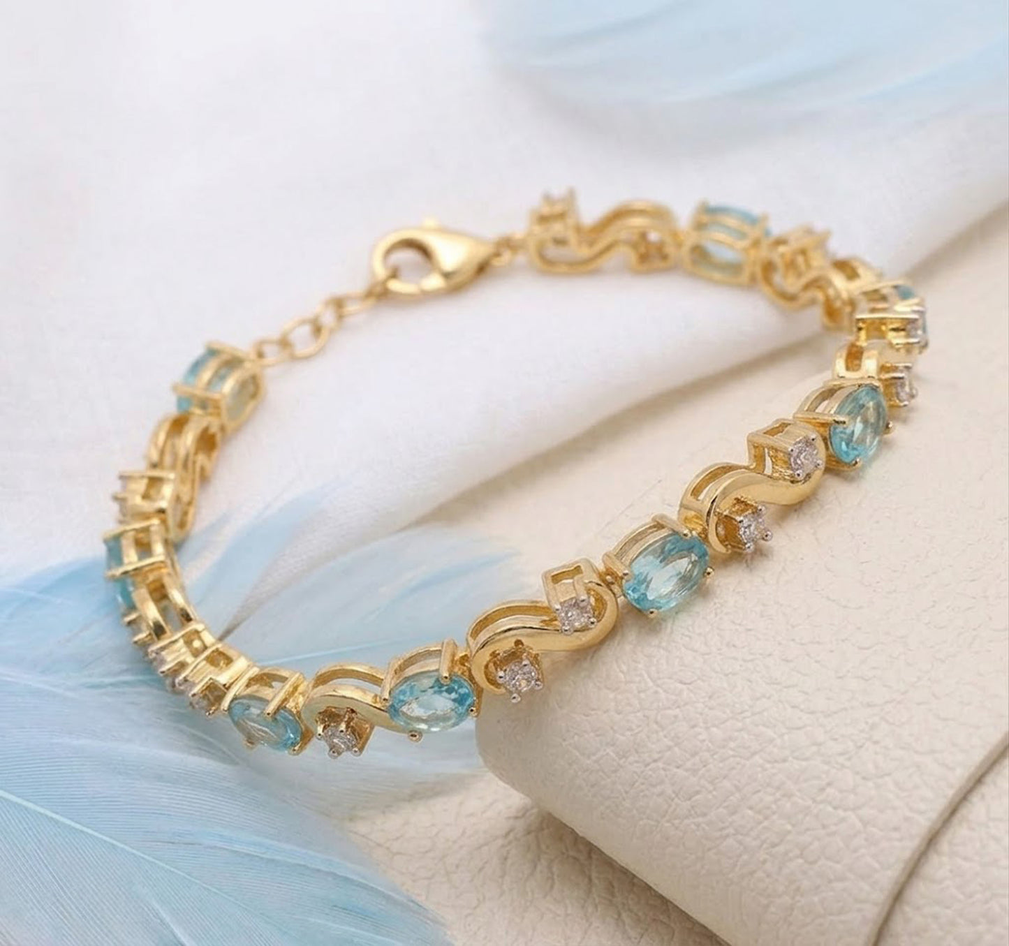 Natural Swiss Blue Topaz & Moissanite Link Bracelet – Oval Gemstone Jewelry for Women