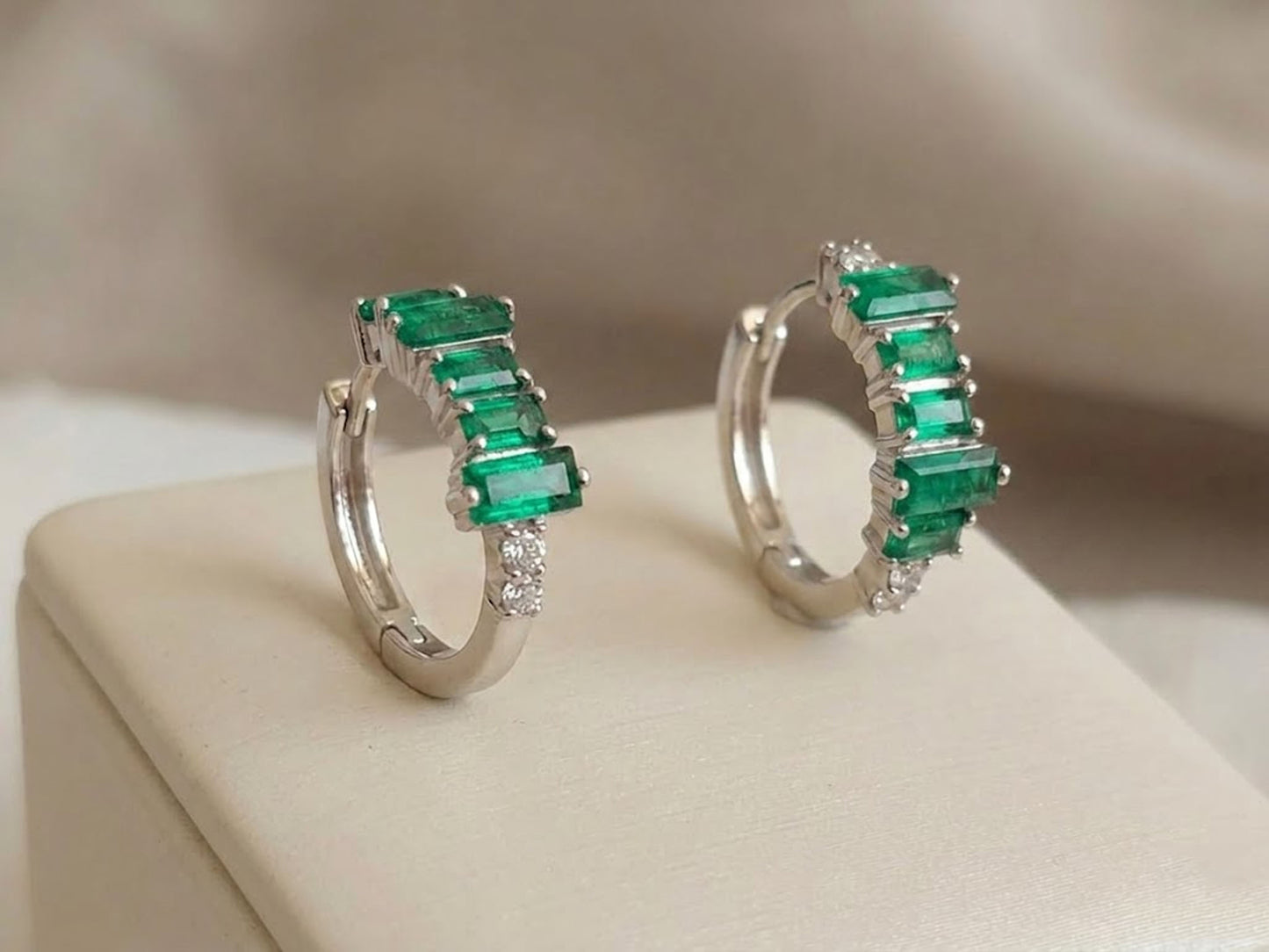 Emerald & Moissanite Baguette Hoop Earrings – Green Gemstone Huggies for Women