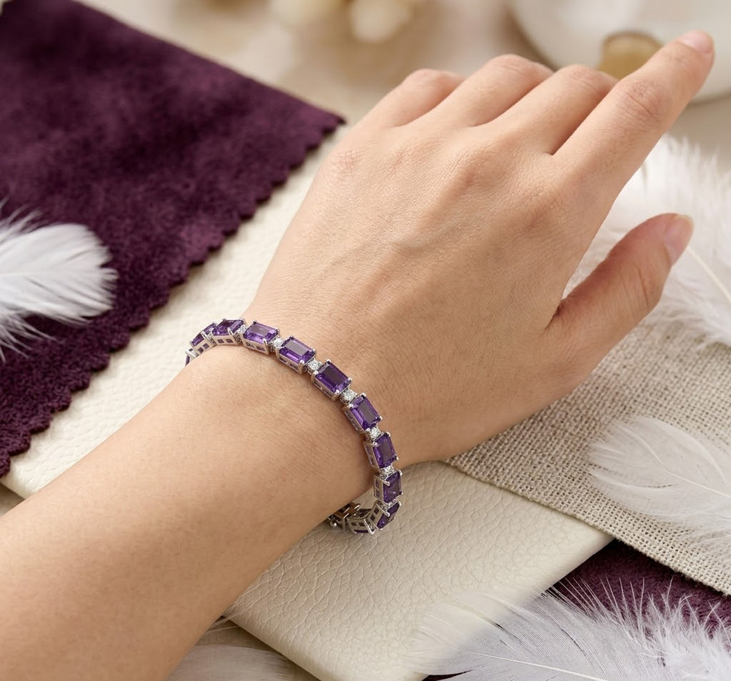 Natural Amethyst & Moissanite Tennis Bracelet – Octagon Cut Gemstone Jewelry for Women
