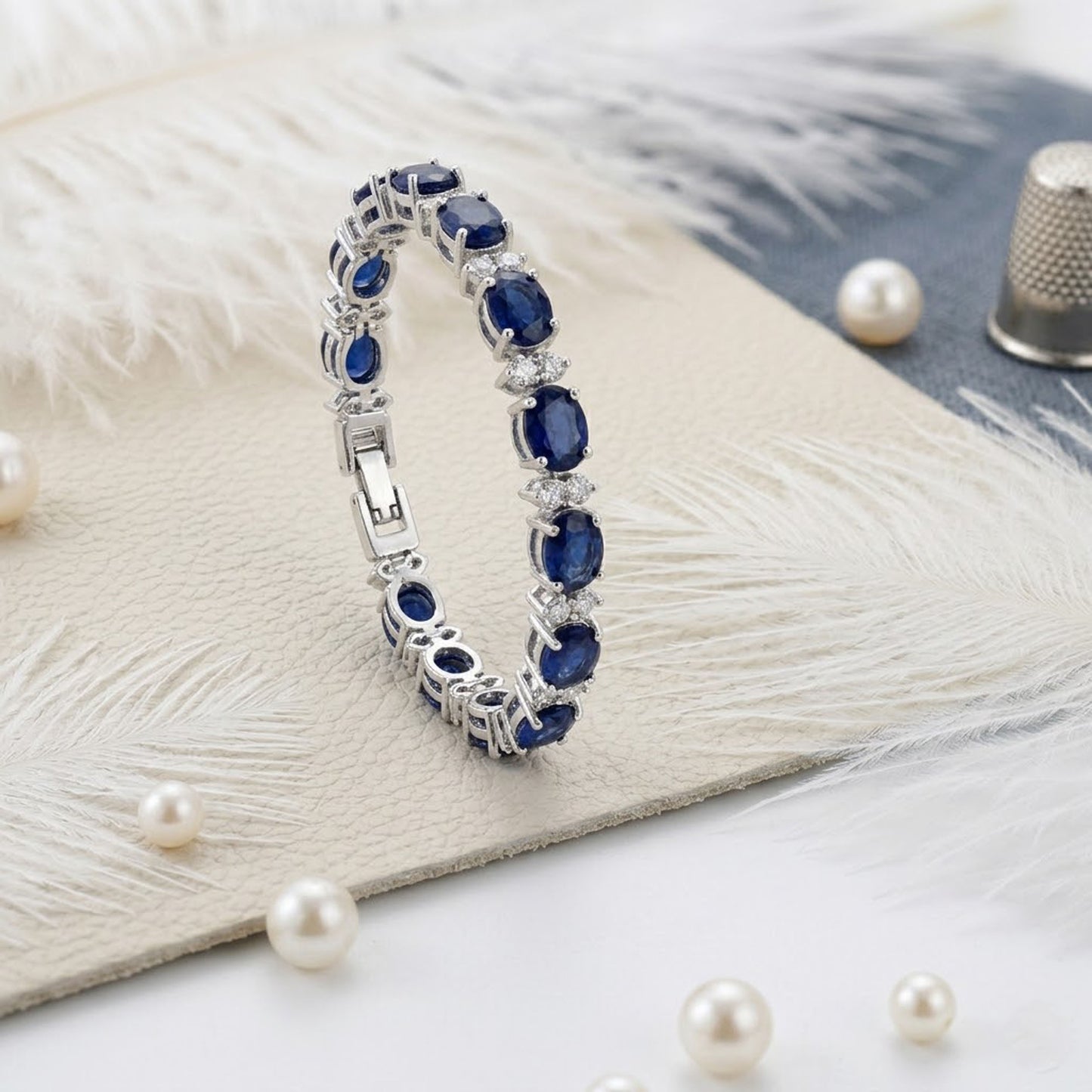Natural Blue Sapphire & Moissanite Tennis Bracelet – Oval Gemstone Jewelry for Women