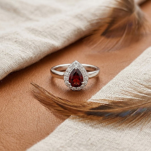 Natural Garnet Halo Engagement Ring – Pear Cut Vintage Bridal Ring for Women