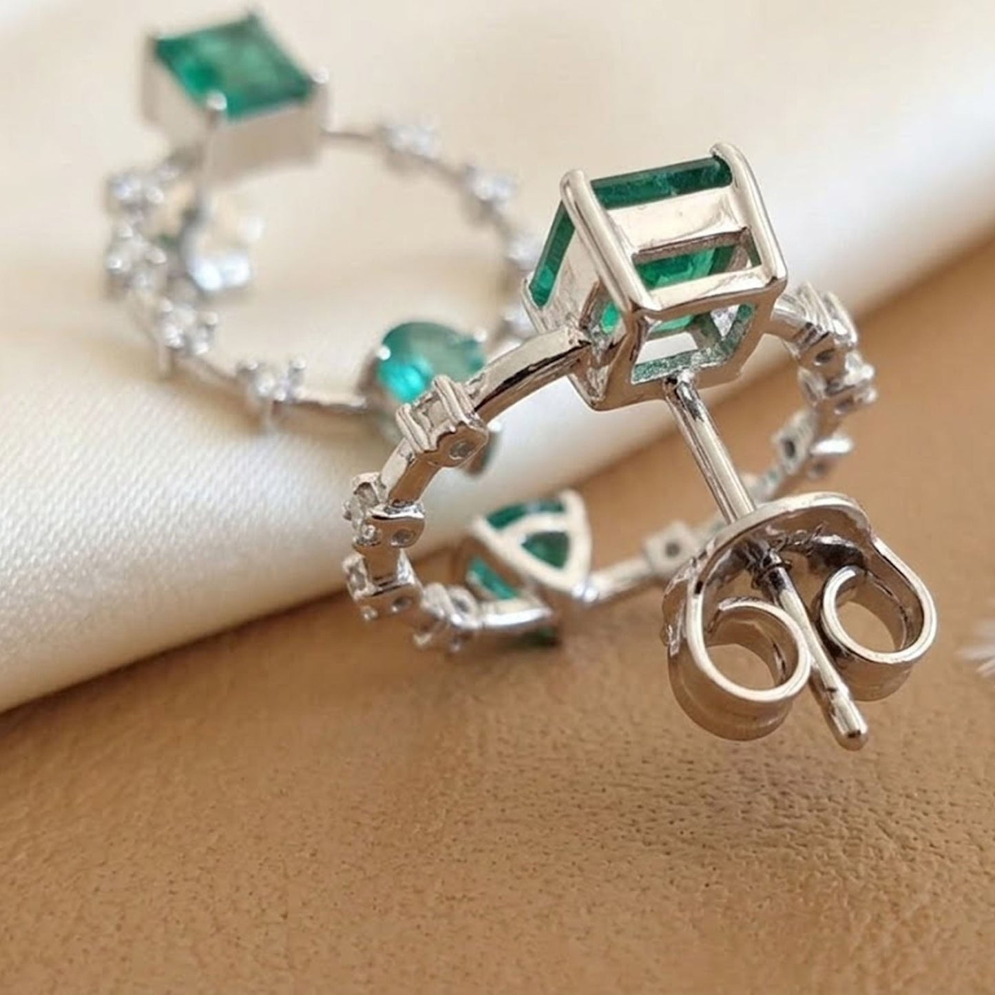 Emerald & Moissanite Halo Drop Earrings – Geometric Gemstone Jewelry for Women