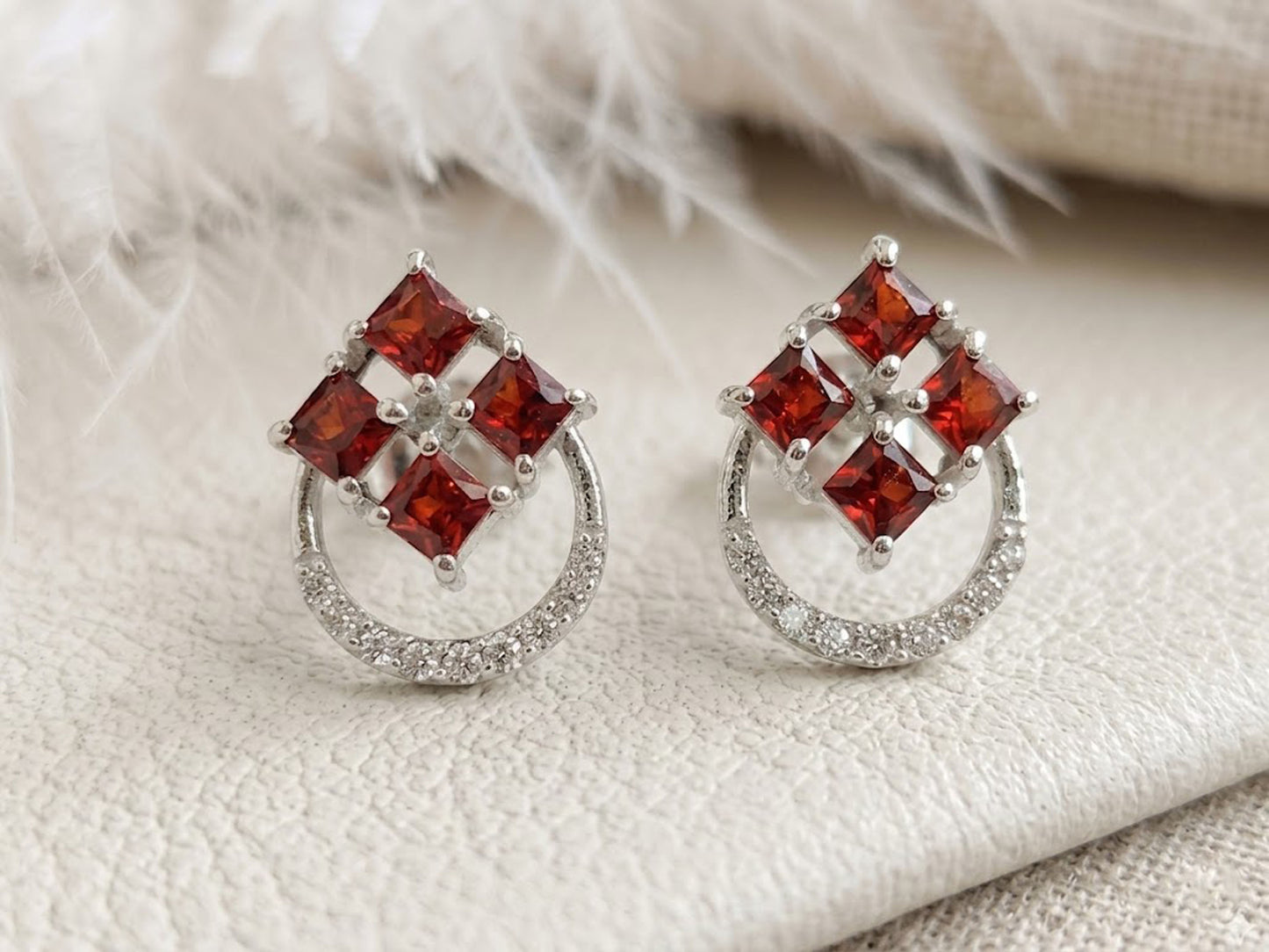 Natural Garnet & Moissanite Stud Earrings – Square Gemstone Jewelry for Women