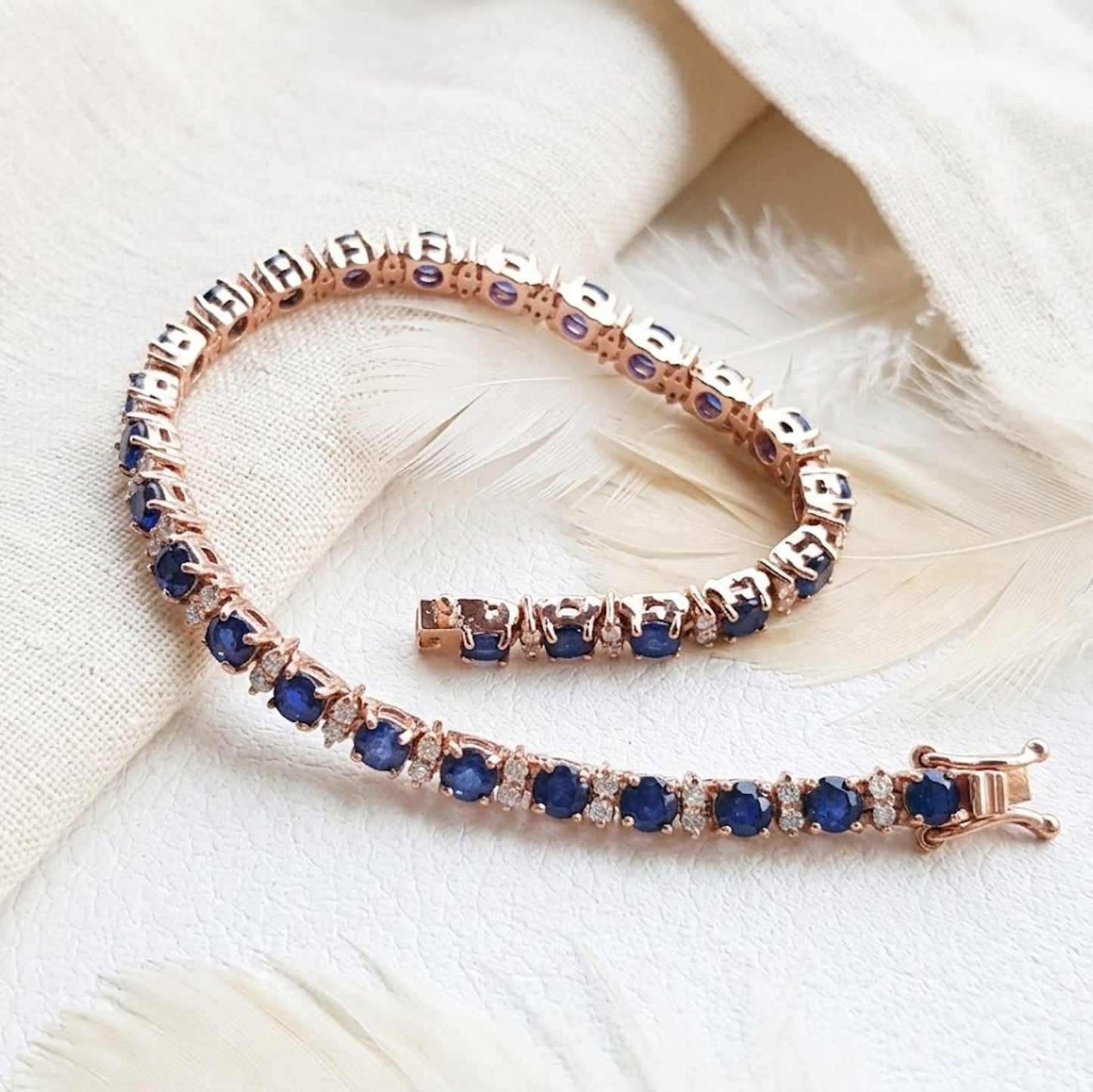 Natural Blue Sapphire Tennis Bracelet with Moissanite – Rose Gold Link Bracelet
