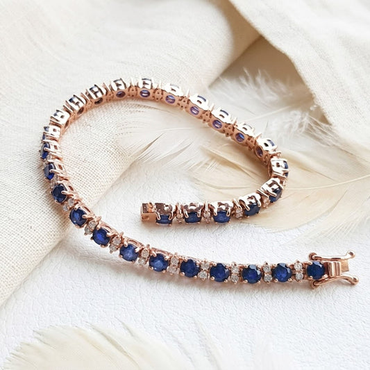 Natural Blue Sapphire Tennis Bracelet with Moissanite – Rose Gold Link Bracelet