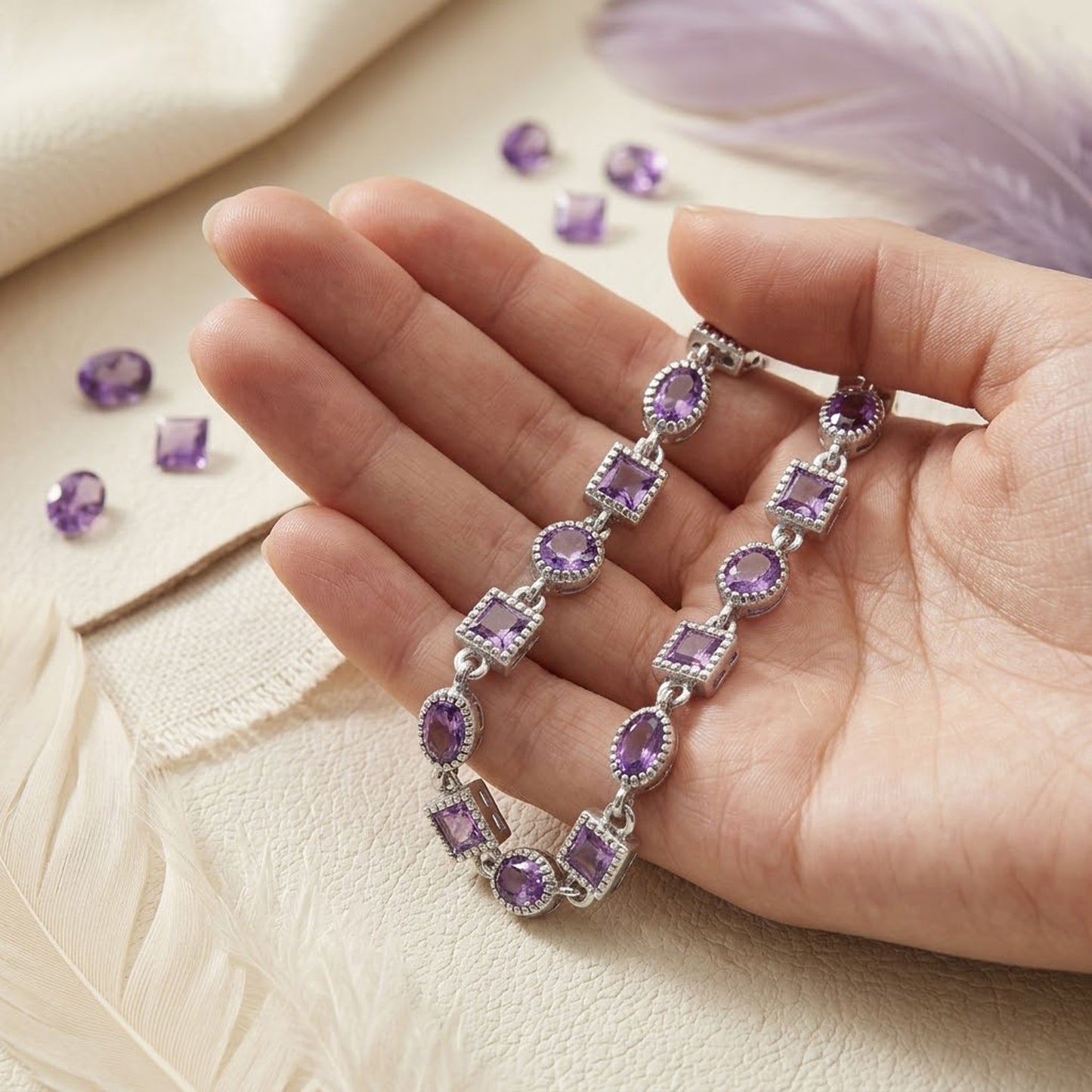 Natural Amethyst Multi-Shape Tennis Bracelet – Purple Gemstone Jewelry for Women