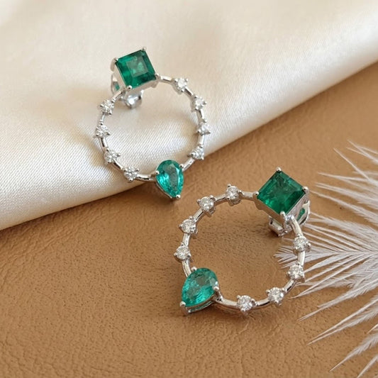 Emerald & Moissanite Halo Drop Earrings – Geometric Gemstone Jewelry for Women