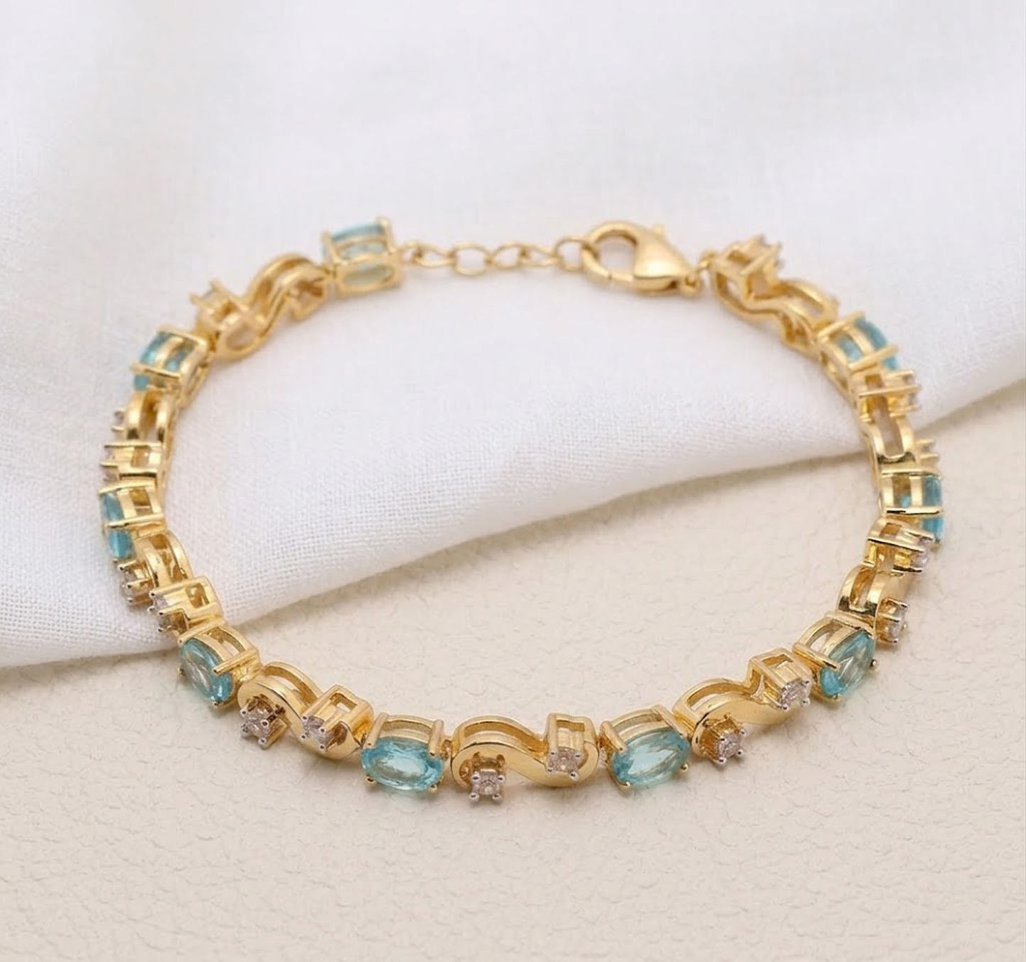 Natural Swiss Blue Topaz & Moissanite Link Bracelet – Oval Gemstone Jewelry for Women