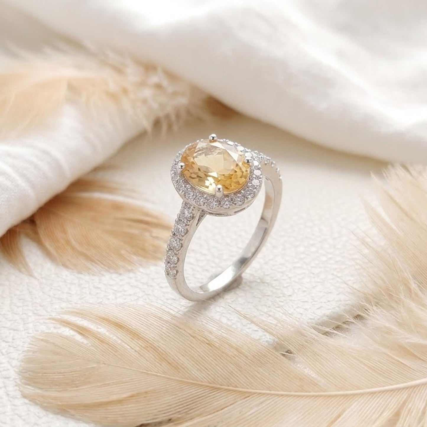 Citrine Halo Engagement Ring – Oval Cut Golden Gemstone Ring for Women