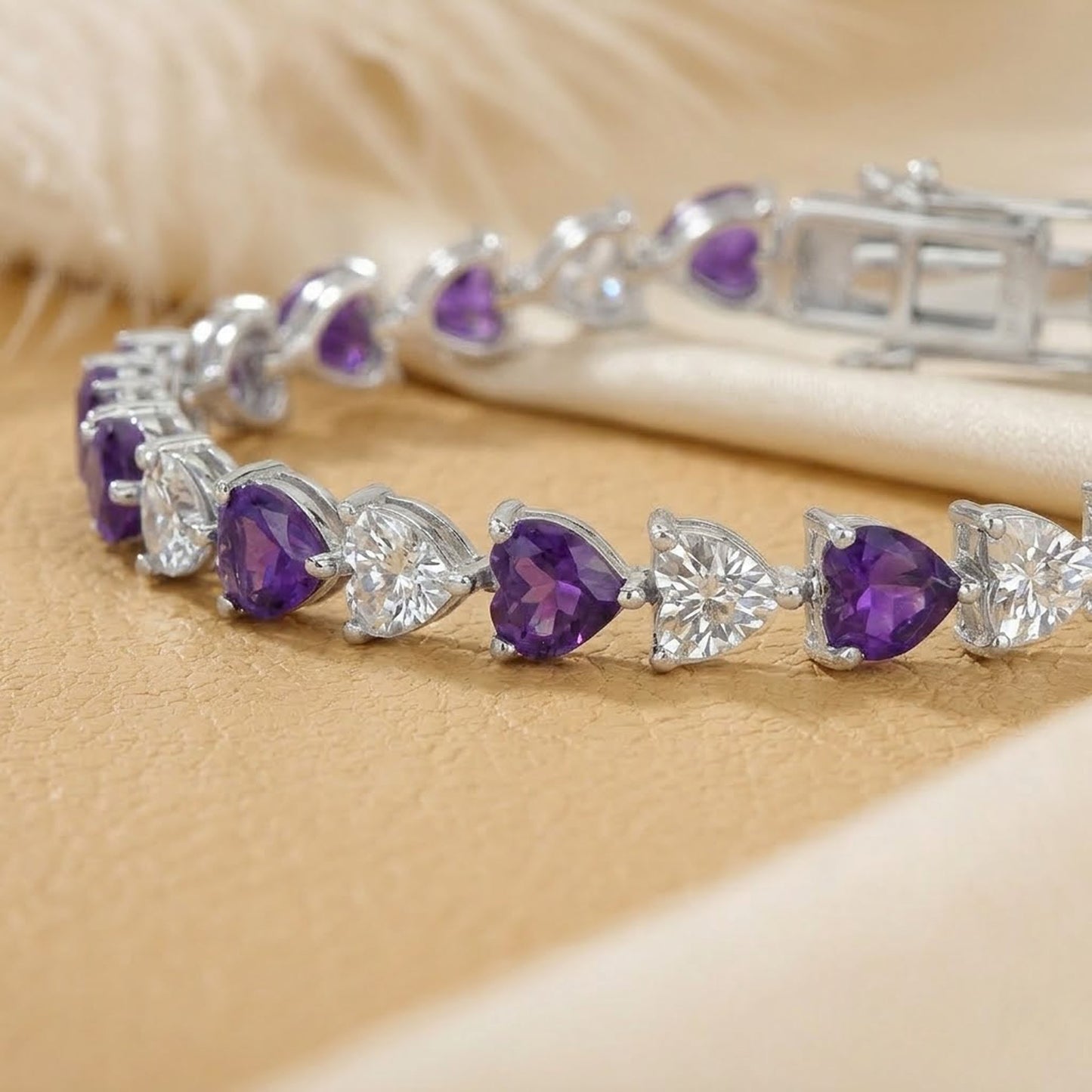 Natural Amethyst & Moissanite Heart Tennis Bracelet – Romantic Gemstone Jewelry for Women