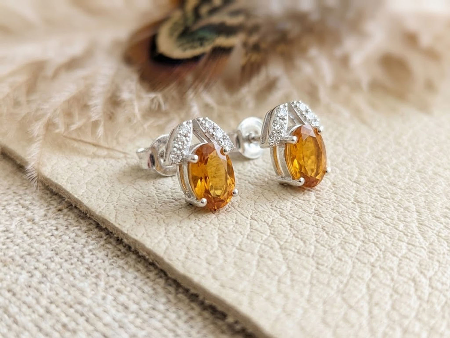 Natural Citrine & Moissanite Stud Earrings – Oval Yellow Gemstone Jewelry