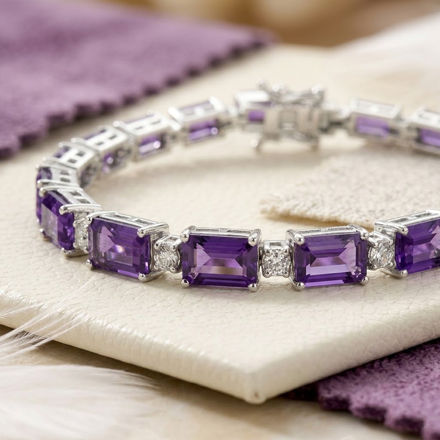 Natural Amethyst & Moissanite Tennis Bracelet – Octagon Cut Gemstone Jewelry for Women