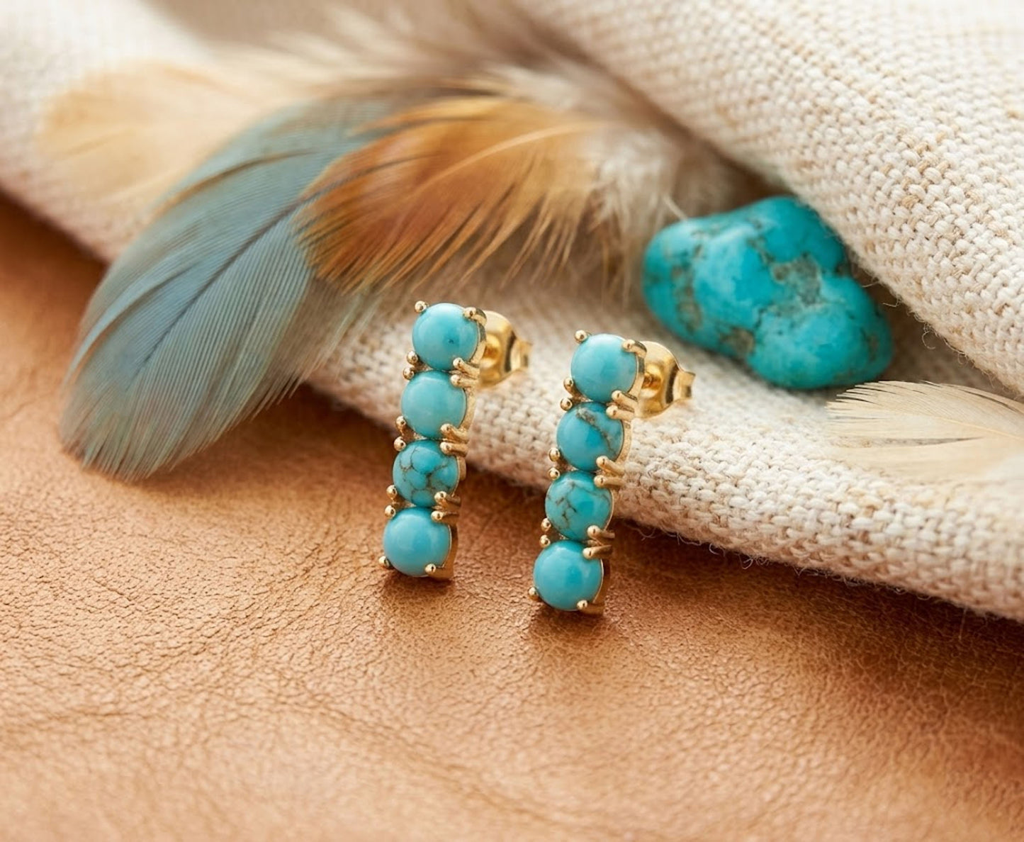 Natural Turquoise Linear Drop Earrings – Gold Bar Stud Jewelry for Women