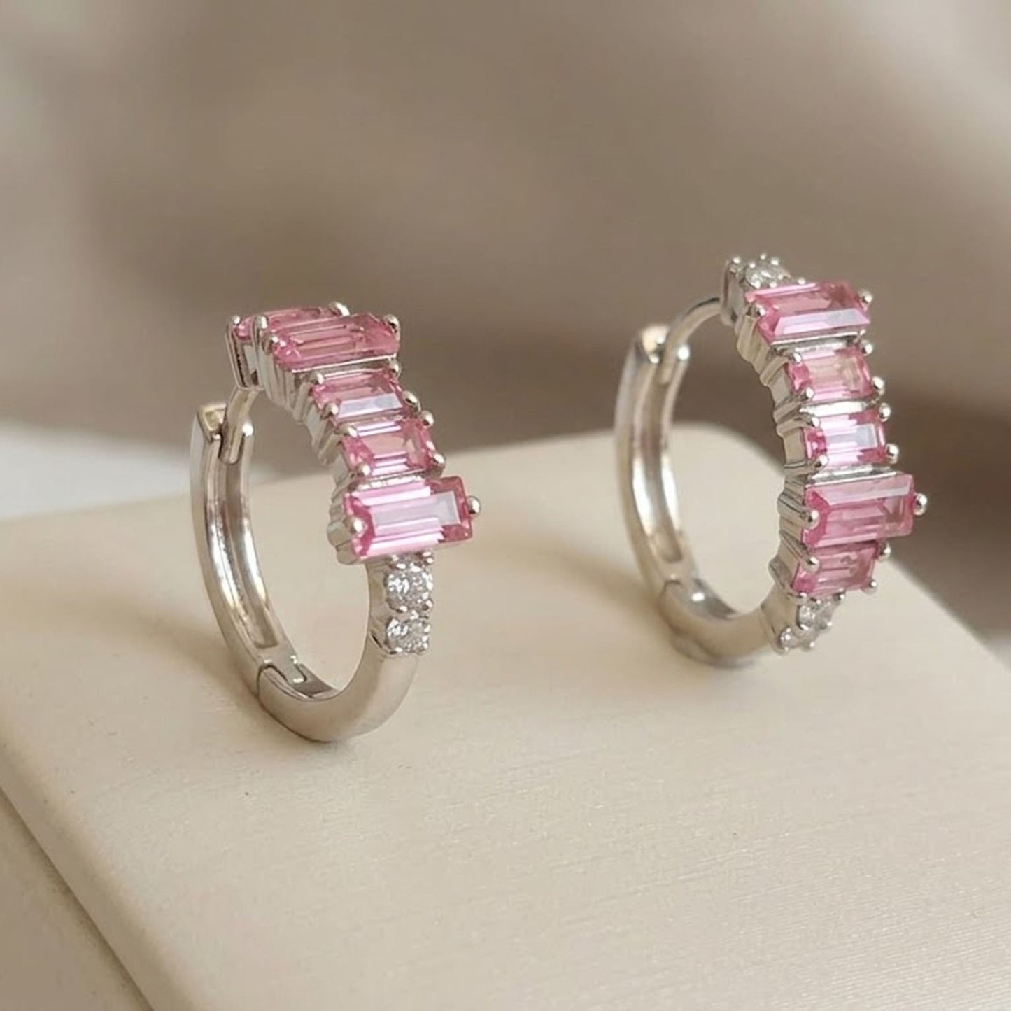 Pink Topaz & Moissanite Baguette Hoop Earrings – Graduated Gemstone Huggies for Women