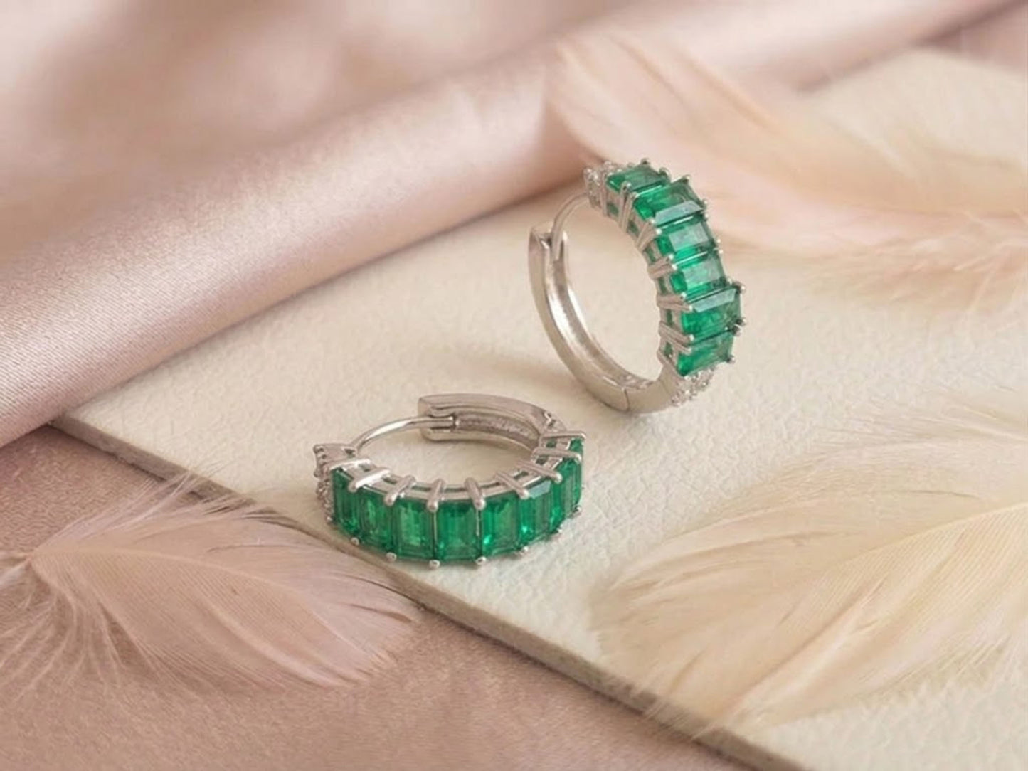 Emerald & Moissanite Baguette Hoop Earrings – Green Gemstone Huggies for Women