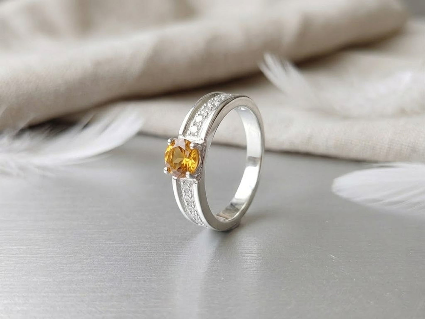 Citrine & Moissanite Accent Ring – Round Cut Vintage Promise Band for Women