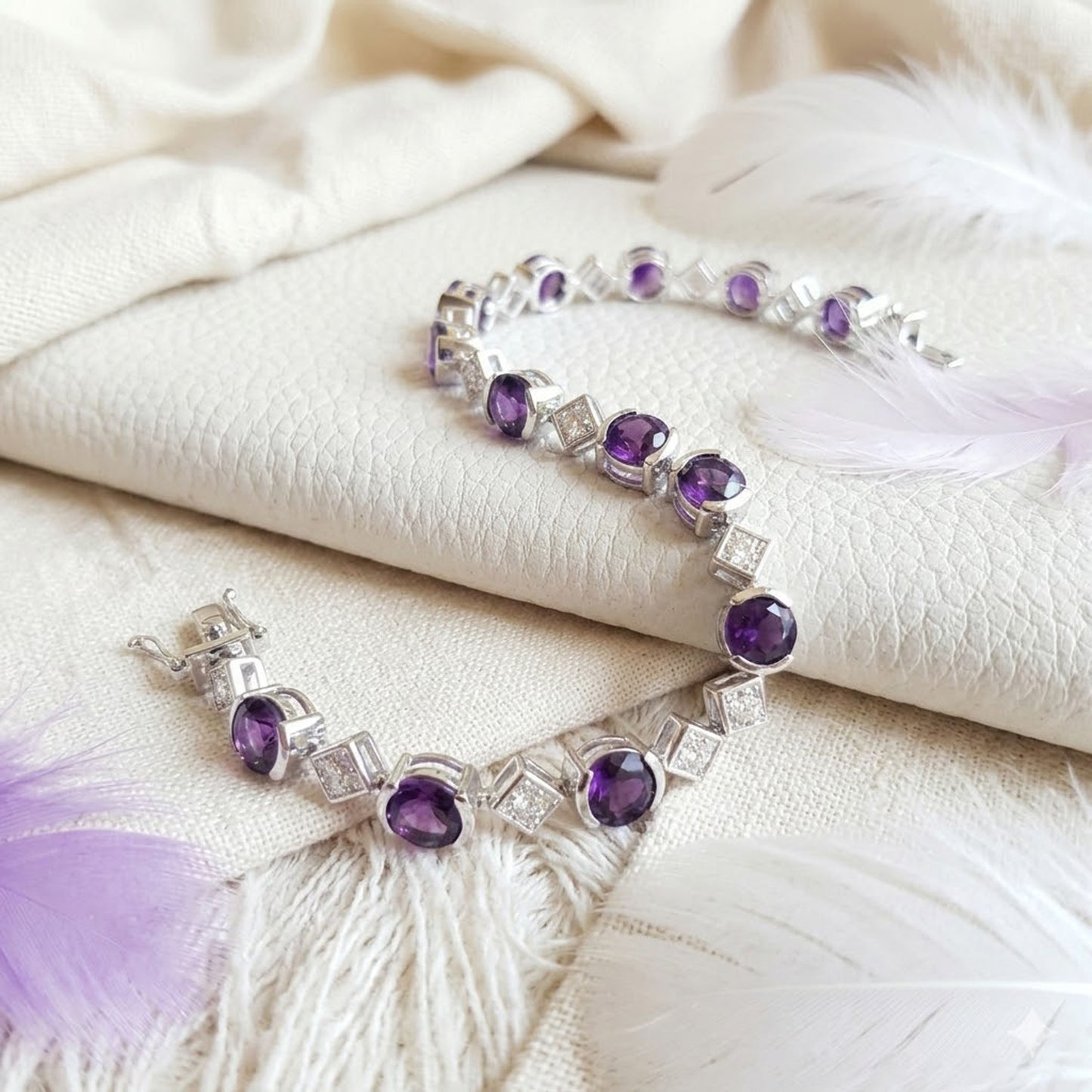 Natural Amethyst & Moissanite Tennis Bracelet – Purple Gemstone Bracelet for Women