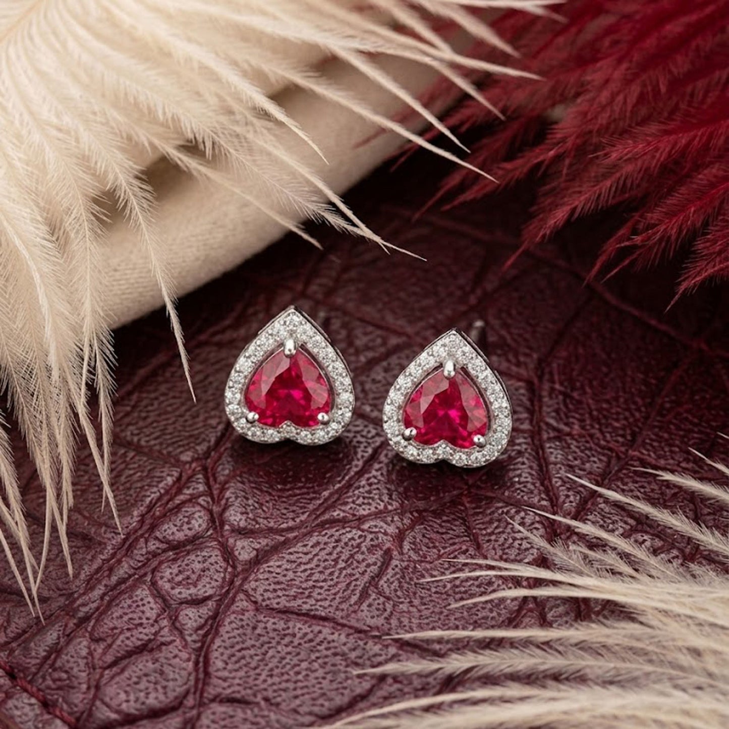 Natural Red Garnet & Moissanite Heart Halo Stud Earrings – Romantic Gemstone Jewelry for Women