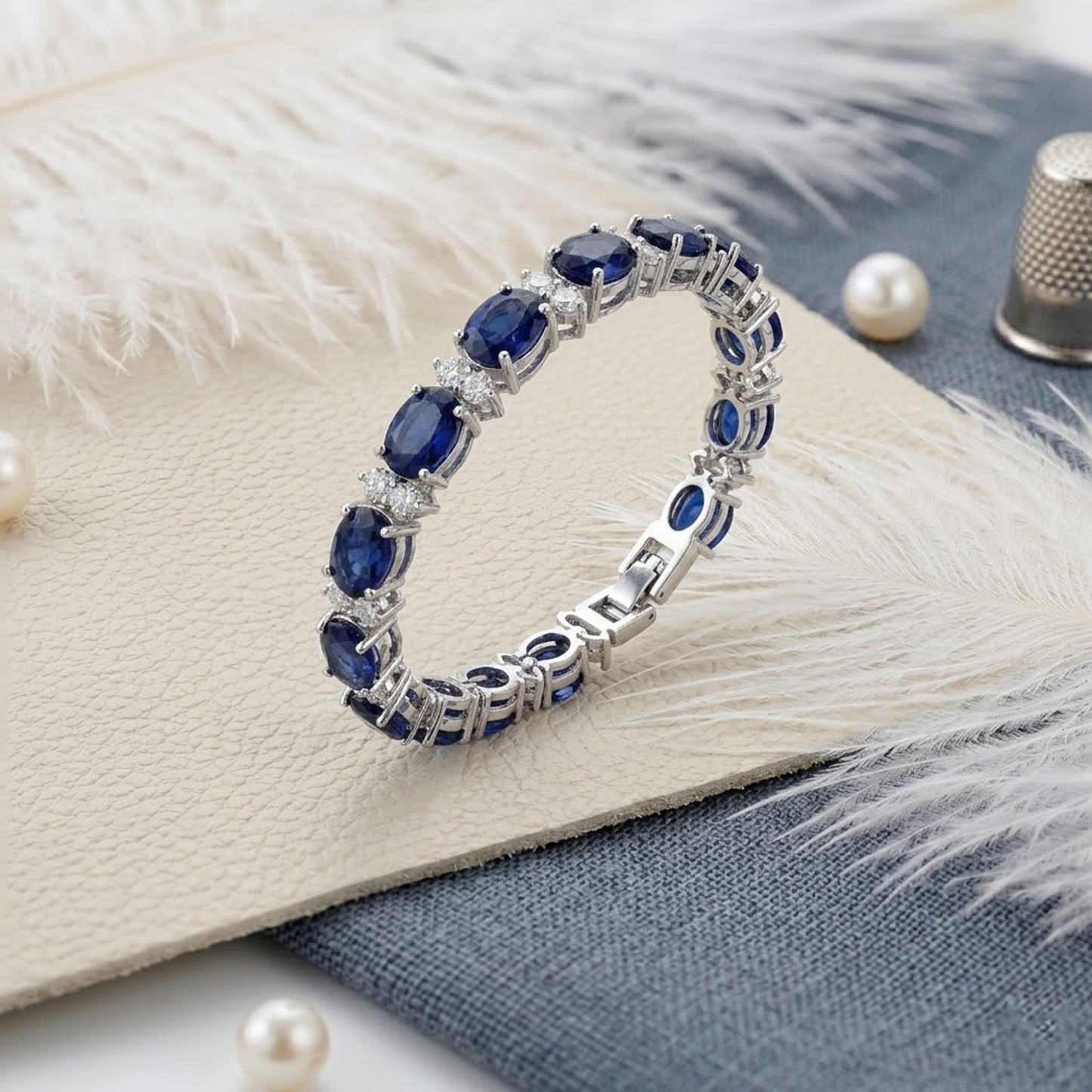Natural Blue Sapphire & Moissanite Tennis Bracelet – Oval Gemstone Jewelry for Women