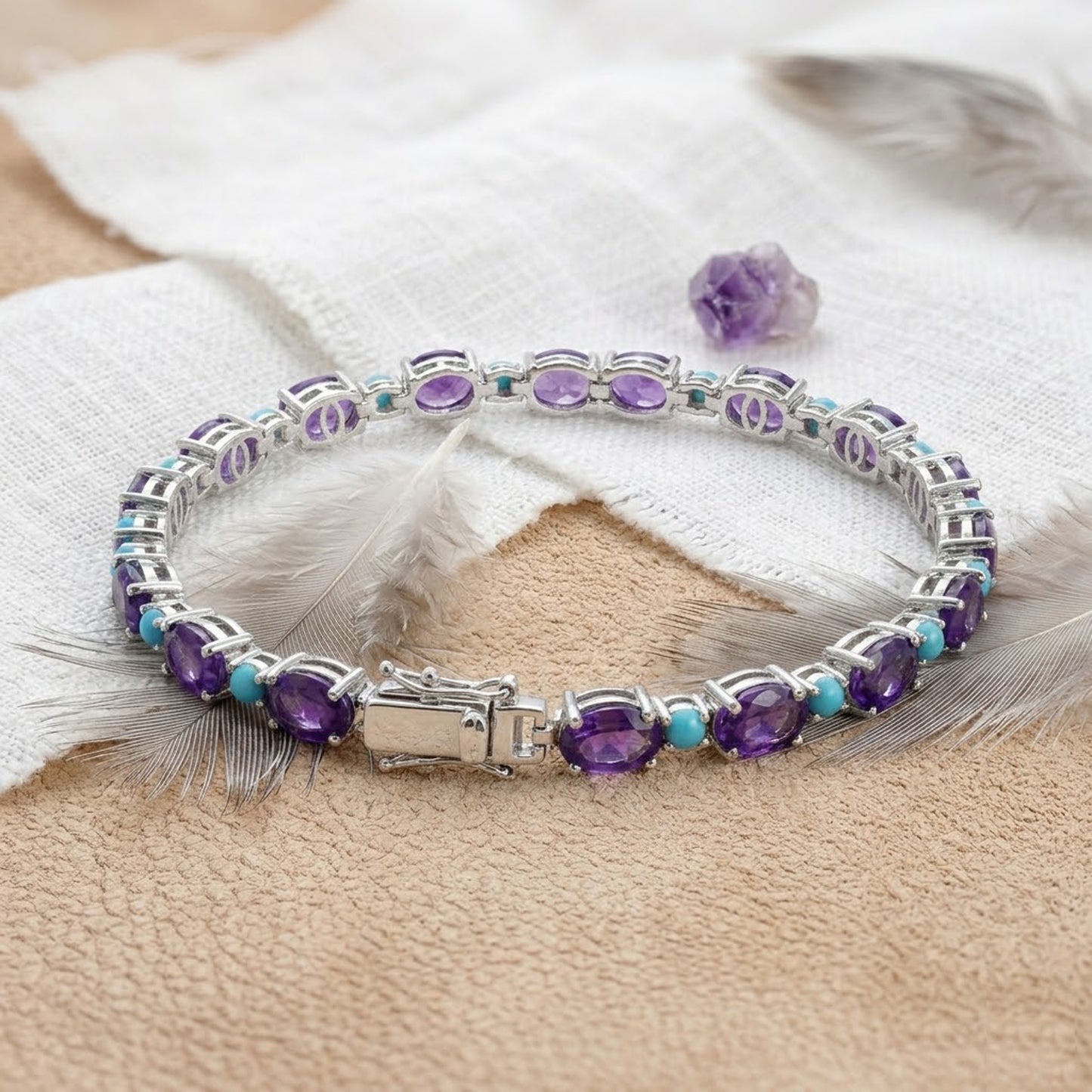 Natural Amethyst & Turquoise Tennis Bracelet – Gemstone Jewelry for Women