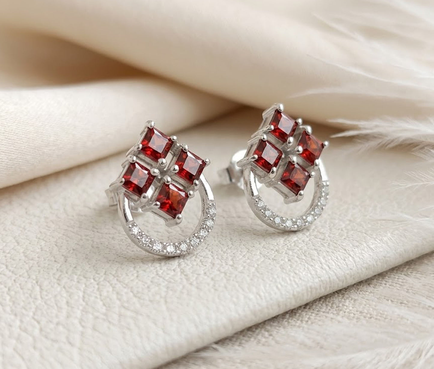 Natural Garnet & Moissanite Stud Earrings – Square Gemstone Jewelry for Women