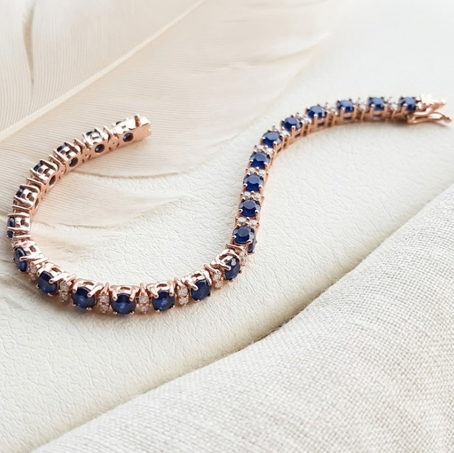 Natural Blue Sapphire Tennis Bracelet with Moissanite – Rose Gold Link Bracelet