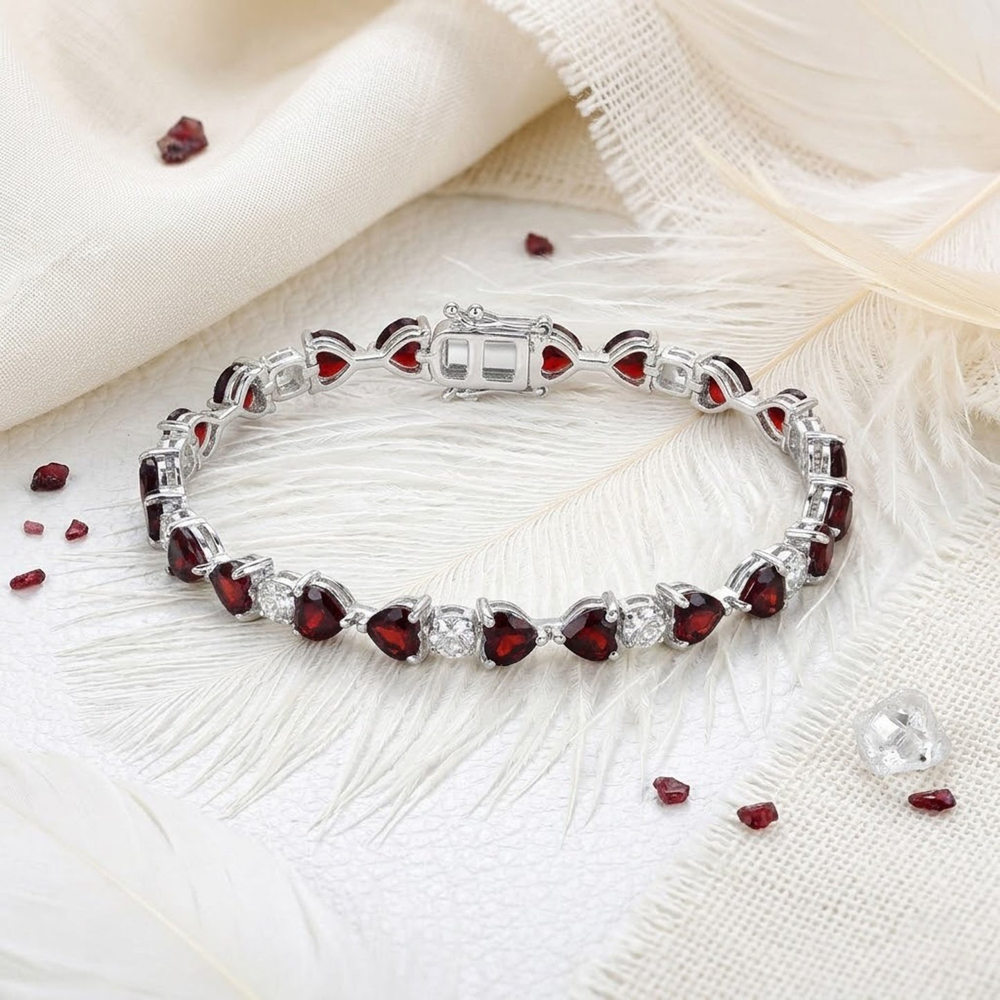 Romantic Garnet & Moissanite Heart Tennis Bracelet – Handmade Gemstone Jewelry