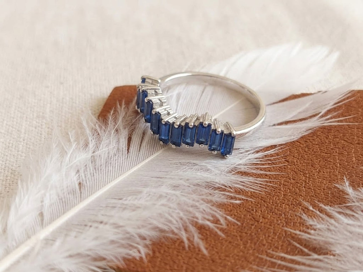 Blue Sapphire Baguette Half Eternity Ring – Curved Chevron Gemstone Band for Women