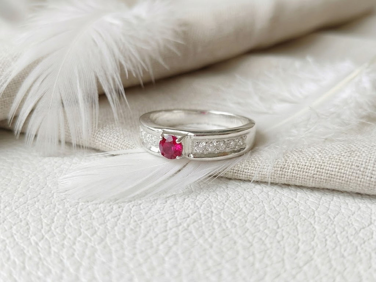 Ruby & Moissanite Wedding Band – Round Cut Vintage Anniversary Ring for Women