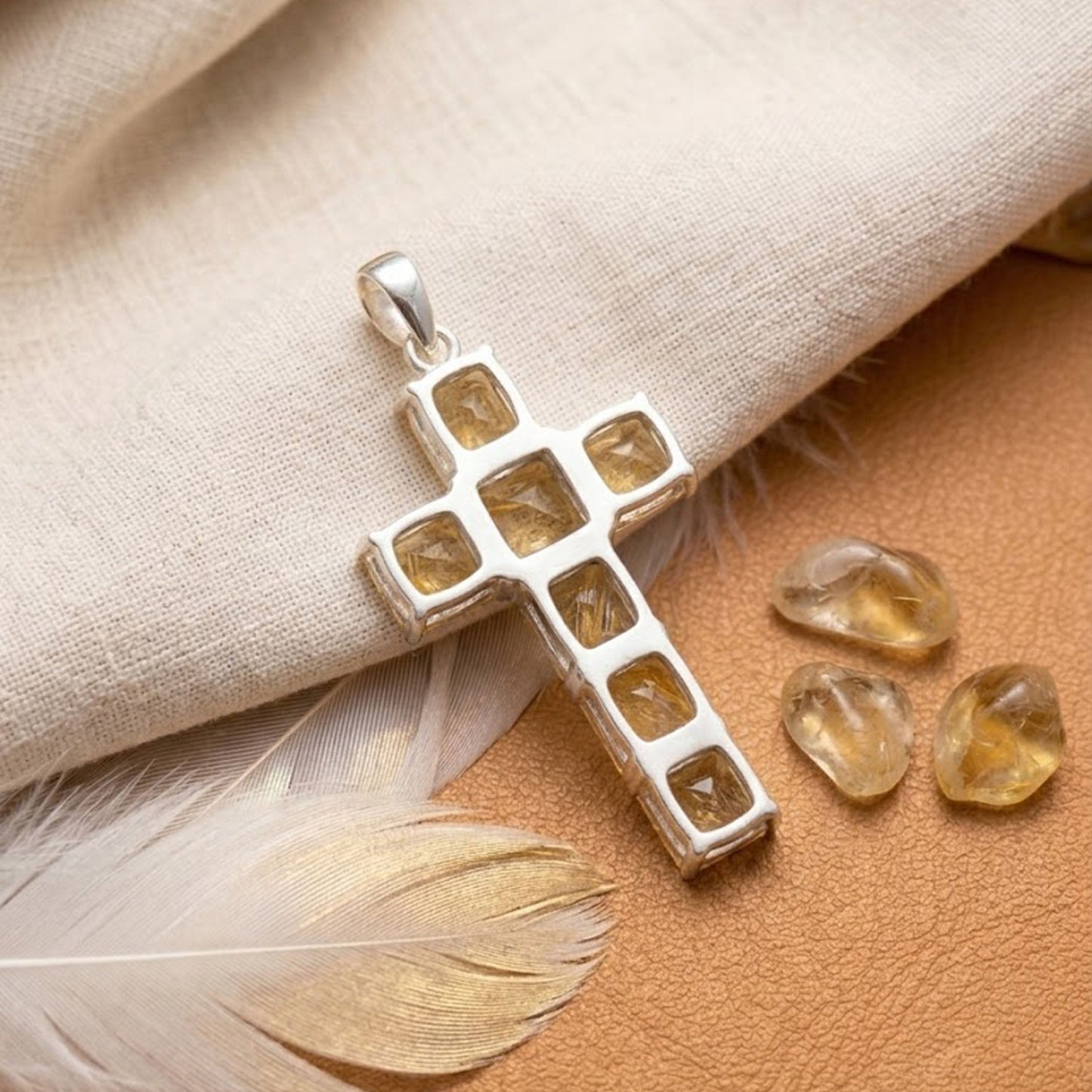 Natural Citrine Cross Necklace – Yellow Gemstone Pendant Jewelry for Women