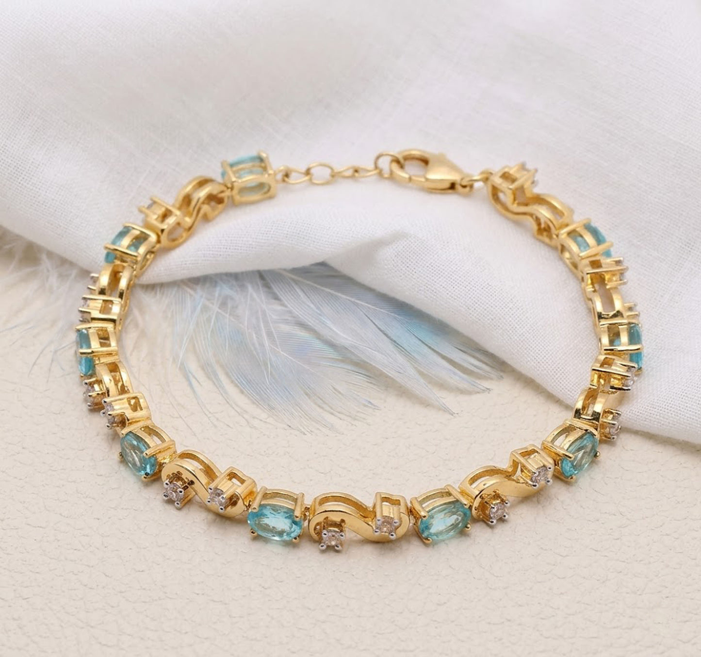 Natural Swiss Blue Topaz & Moissanite Link Bracelet – Oval Gemstone Jewelry for Women