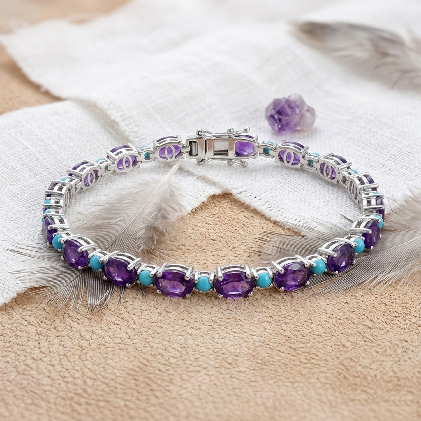 Natural Amethyst & Turquoise Tennis Bracelet – Gemstone Jewelry for Women