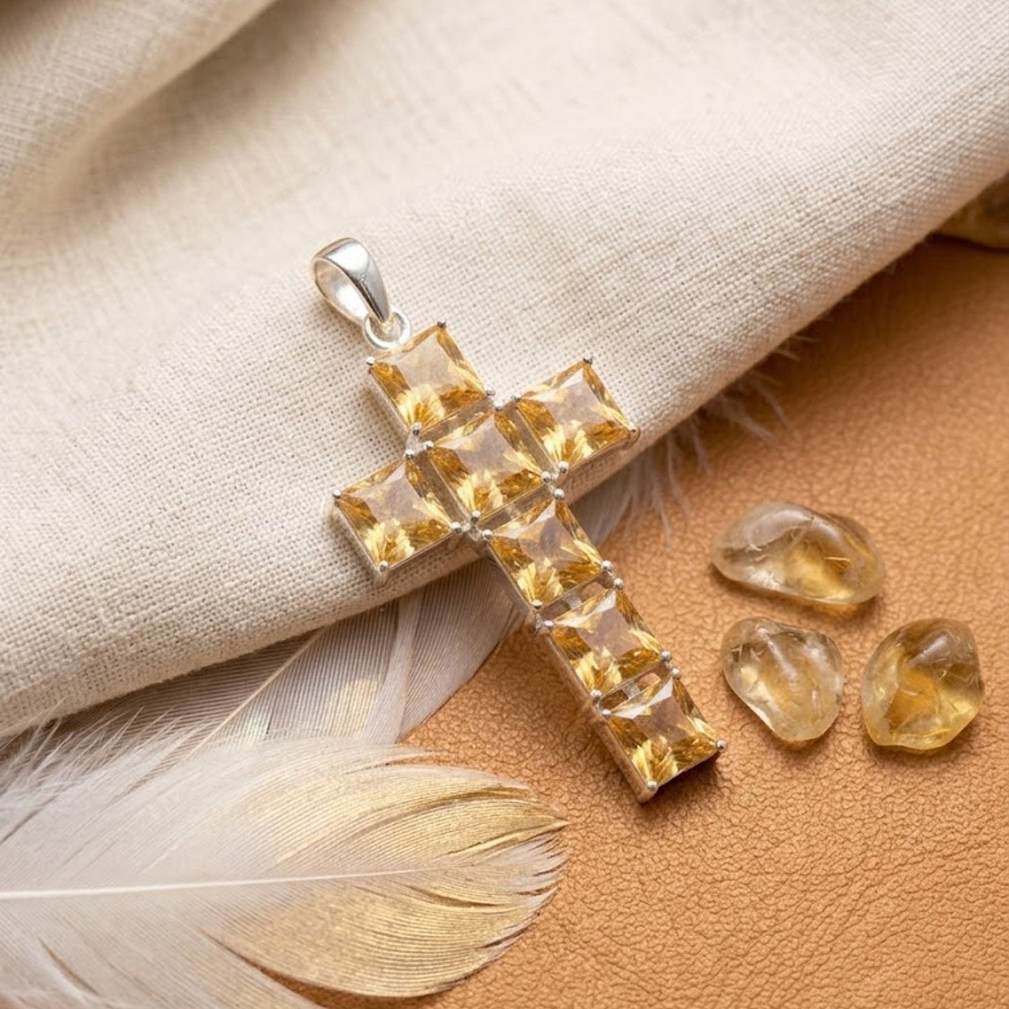 Natural Citrine Cross Necklace – Yellow Gemstone Pendant Jewelry for Women