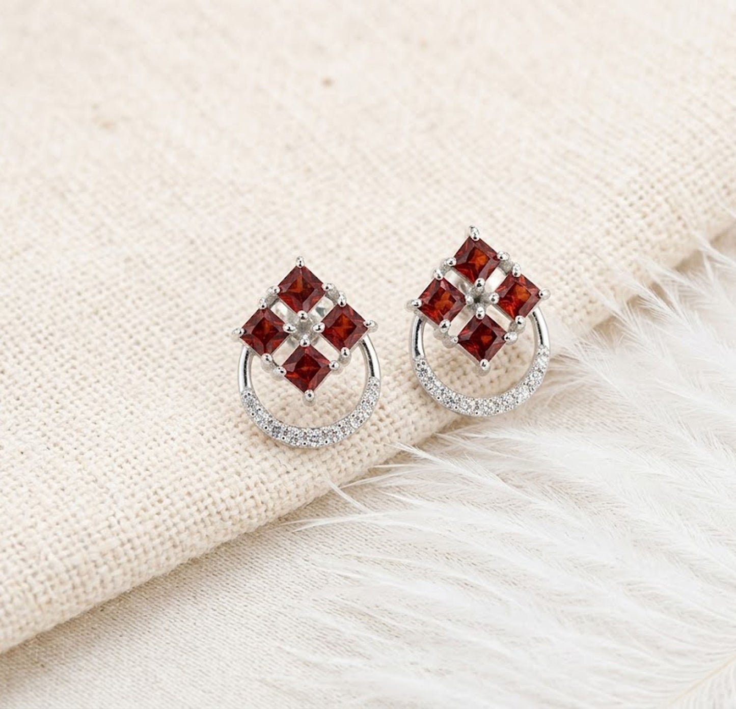 Natural Garnet & Moissanite Stud Earrings – Square Gemstone Jewelry for Women