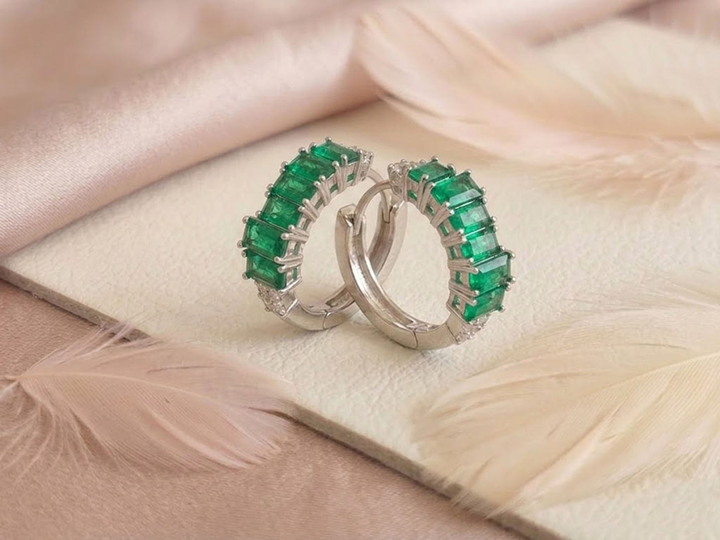 Emerald & Moissanite Baguette Hoop Earrings – Green Gemstone Huggies for Women
