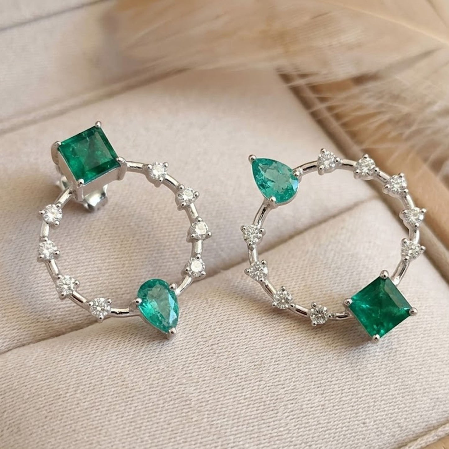 Emerald & Moissanite Halo Drop Earrings – Geometric Gemstone Jewelry for Women