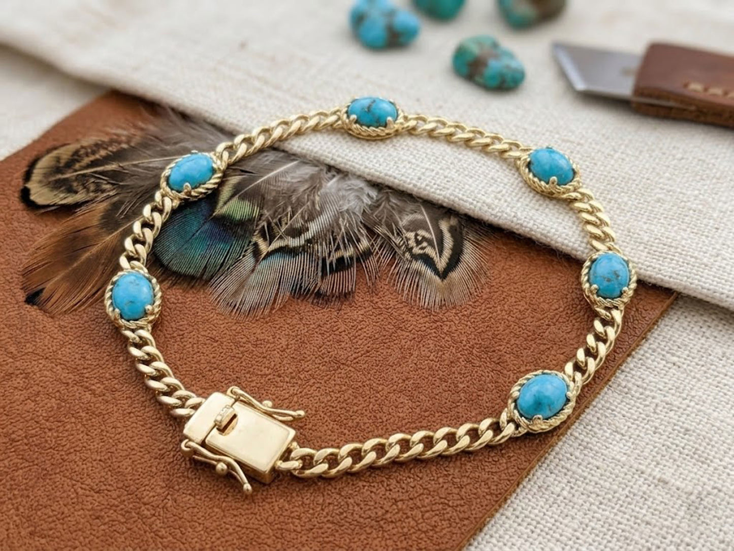 Natural Turquoise Link Bracelet – Boho Gemstone Jewelry for Women