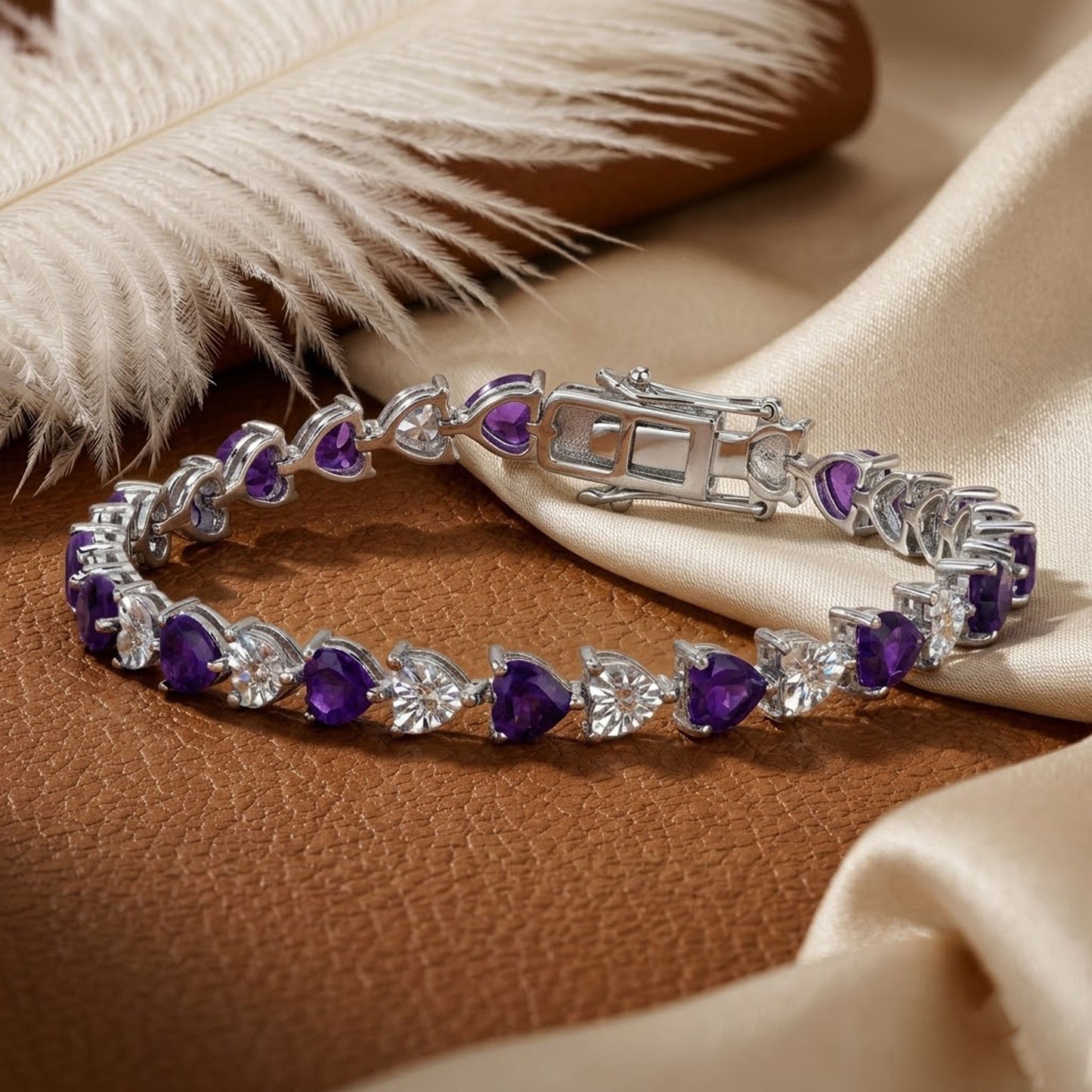 Natural Amethyst & Moissanite Heart Tennis Bracelet – Romantic Gemstone Jewelry for Women