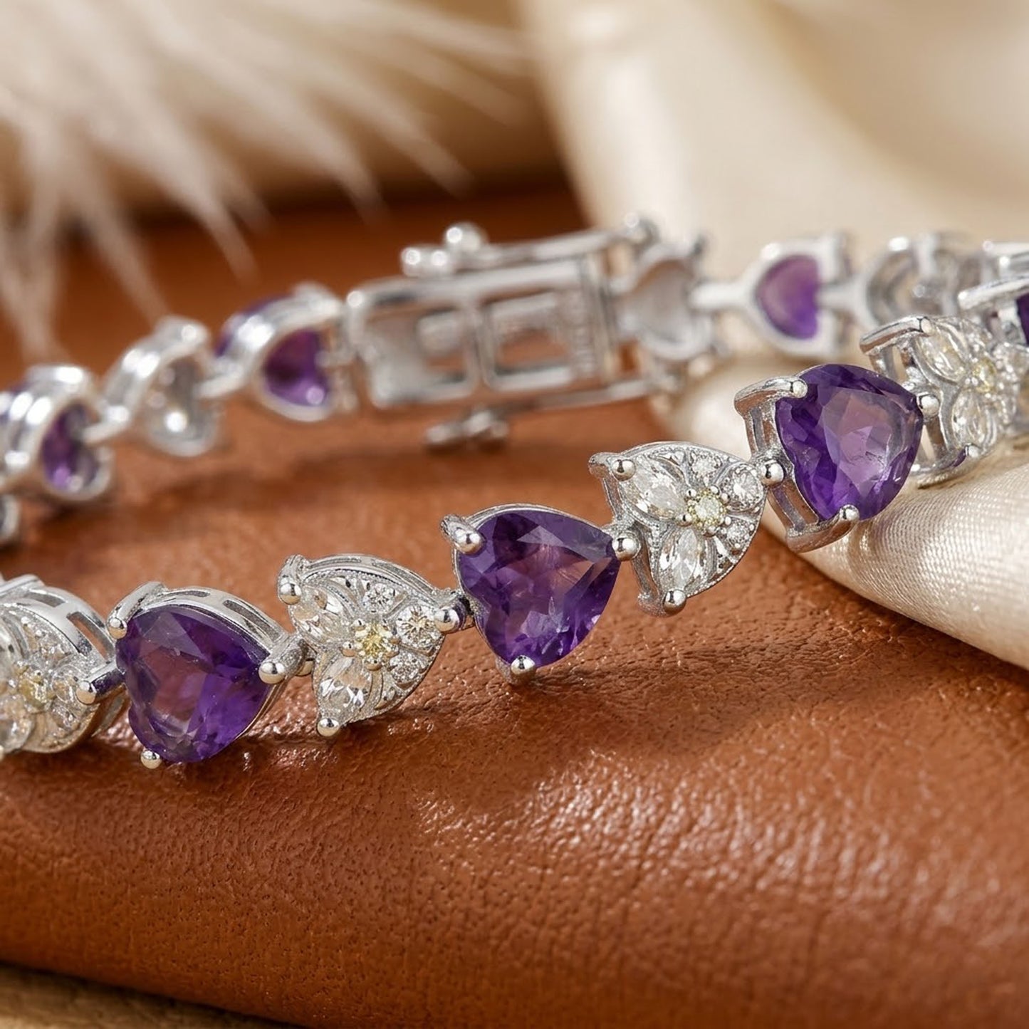 Natural Amethyst & Moissanite Heart Tennis Bracelet – Romantic Gemstone Jewelry for Women