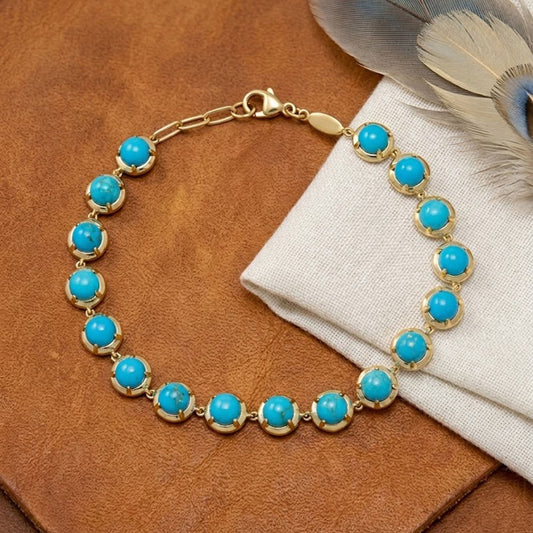Natural Turquoise Tennis Bracelet – Handmade Round Gemstone Link Bracelet for Women