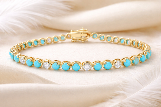 Natural Turquoise & Moissanite Tennis Bracelet – Handmade Gemstone Link Bracelet for Women