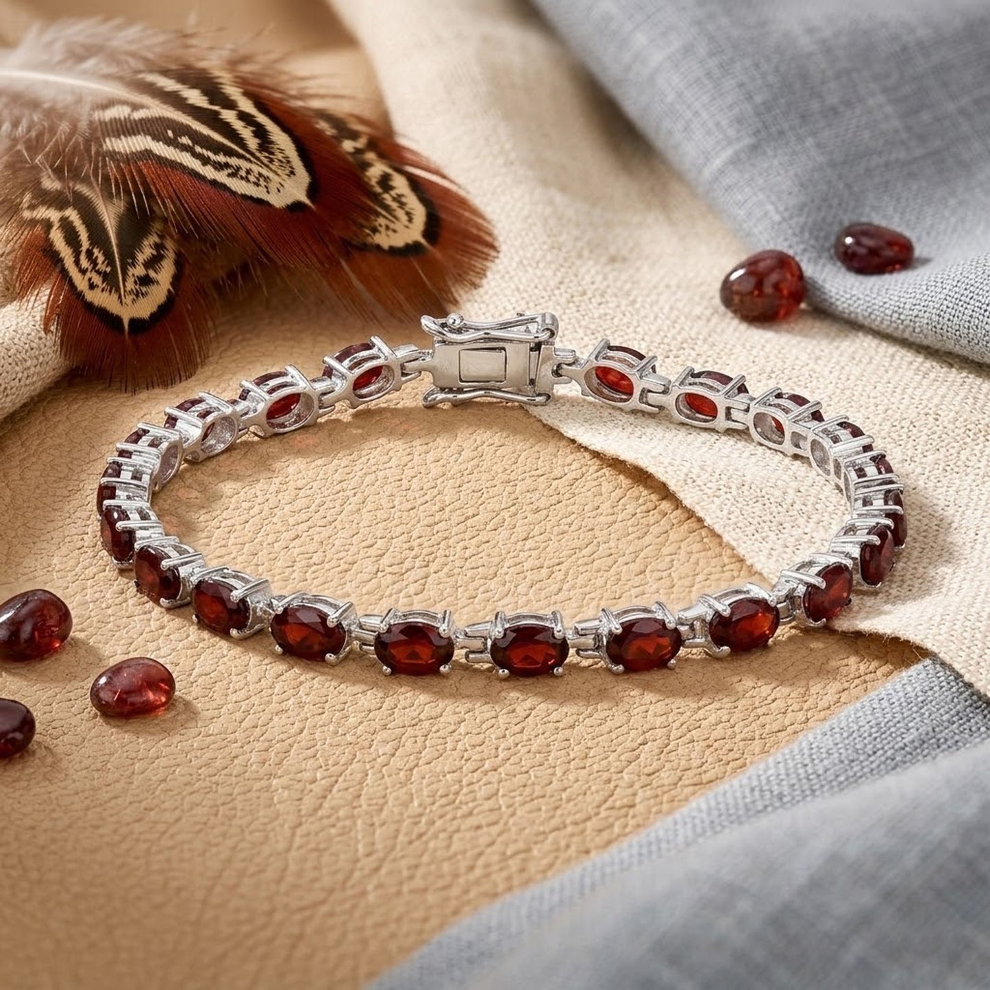 Natural Garnet Oval Tennis Bracelet in 925 Sterling Silver – Handmade Red Gemstone Jewelry