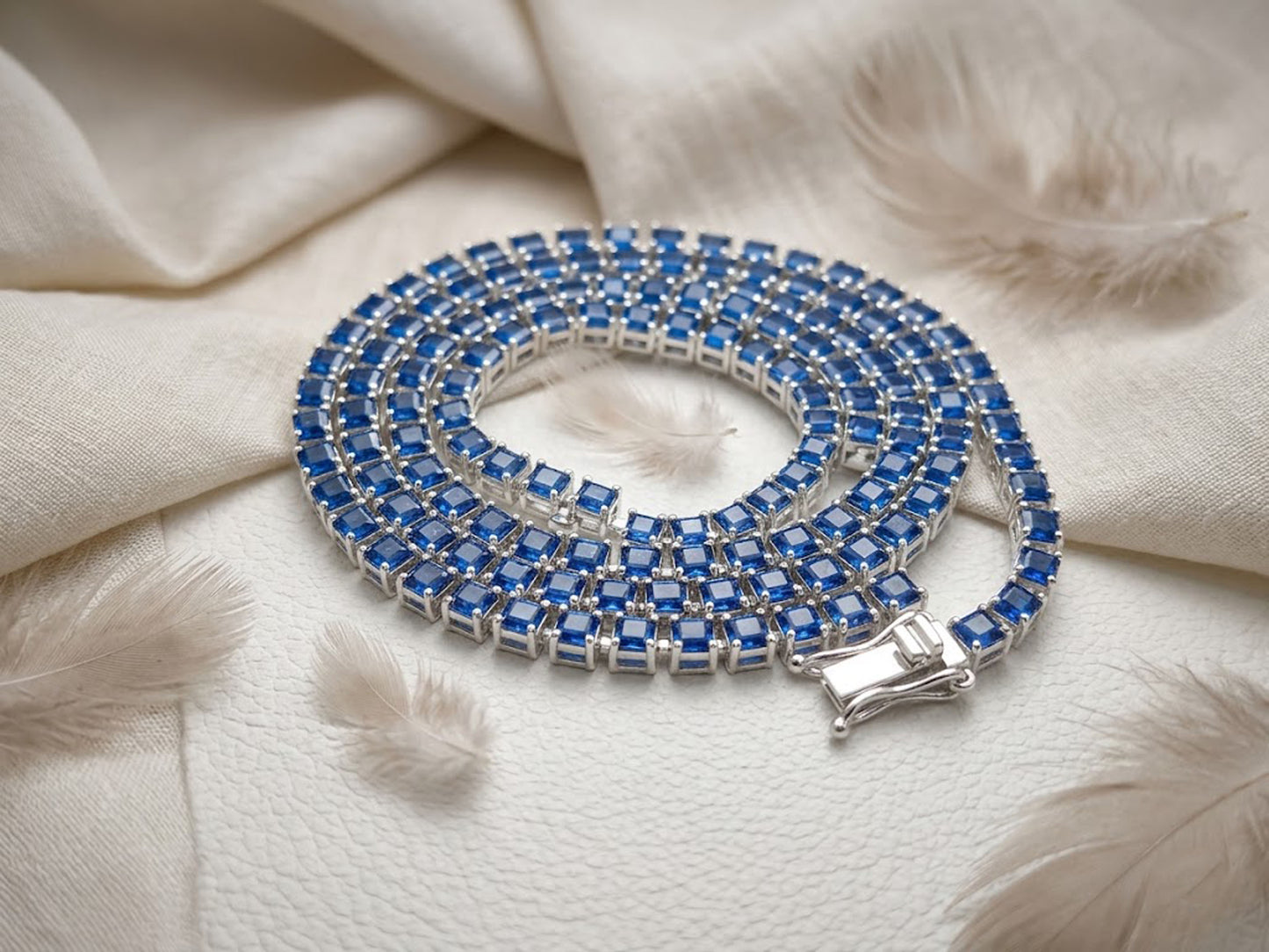 Natural Blue Sapphire Tennis Necklace – Princess Cut Gemstone Jewelry for Women