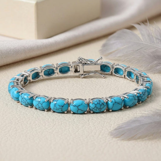 Natural Turquoise Tennis Bracelet – Handmade Gemstone Link Bracelet for Women