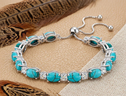 Natural Turquoise & Moissanite Bolo Bracelet – Adjustable Gemstone Bracelet for Women